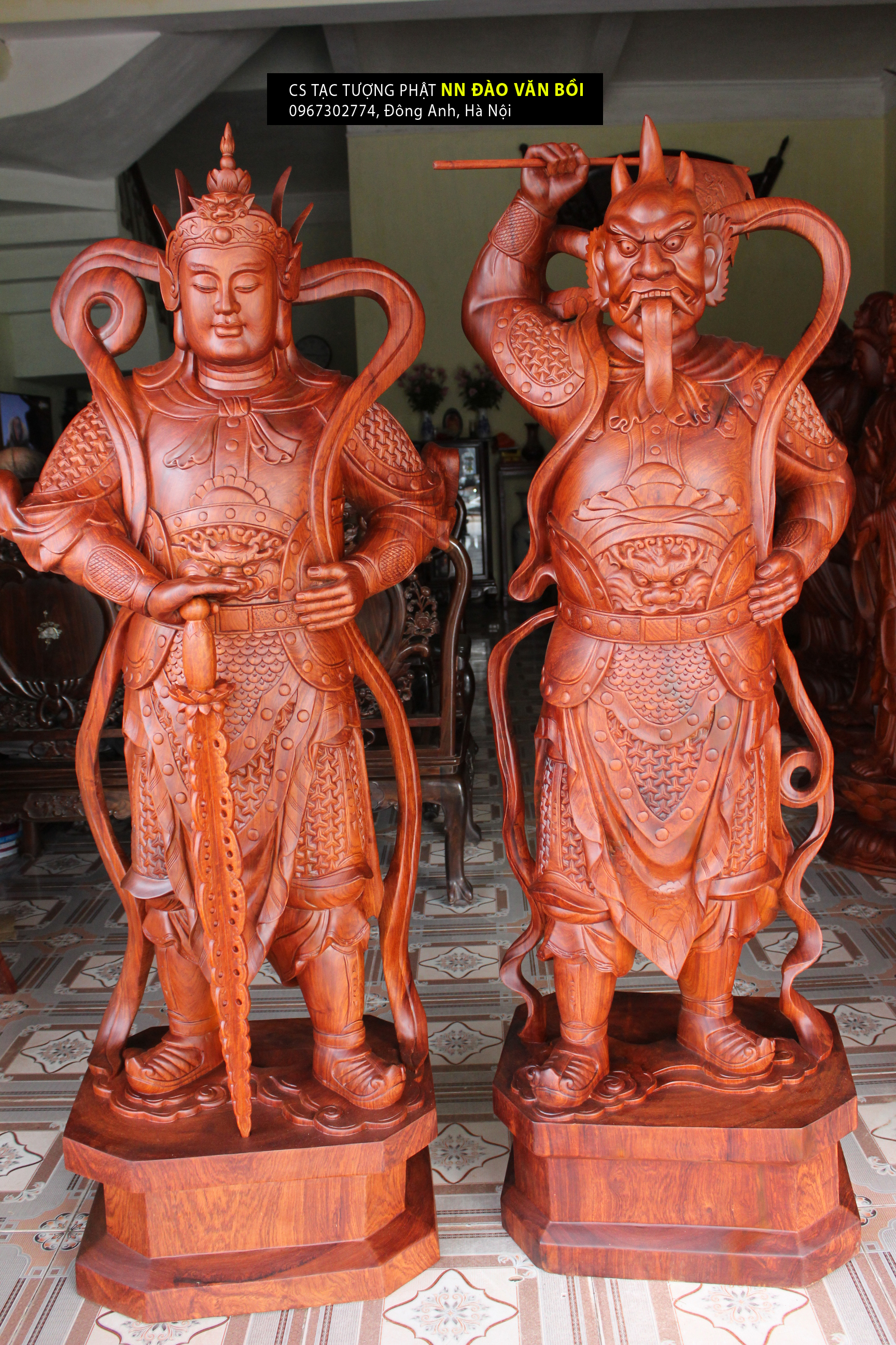 Tôn tượng 2 vị Hộ pháp Vi đà và Tiêu diện Đại sỹ gỗ Hương nguyên khối cao 1.5m